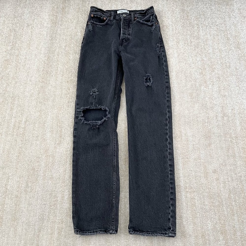 Abercrombie & Fitch High Rise Ripped Dad Jeans 25 / 0 Long Black